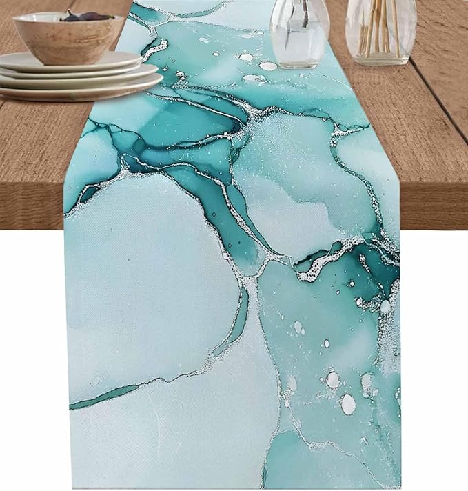 Turquoise Marble Cotton Linen Table Runner for Dining Kitchen, Wedding Outdoor Party Tablerunners Decoration, Nature Marble Crack Country Retro Dresser Scarf Coffee Tablecloth Runners 13x108 Inches