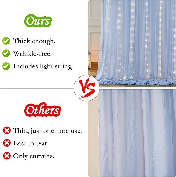 10ft x 10ft Baby Blue Chiffon Backdrop Curtain with Lights String for Parites Wedding Light Blue Curtains Photo Backdrop Drapes for Baby Shower Birthday Party Home Decorations