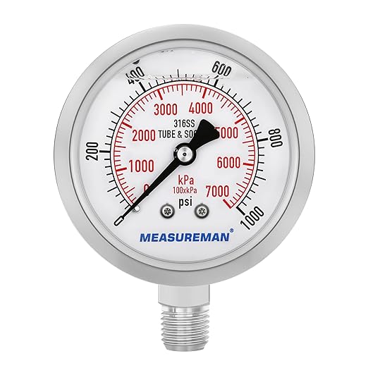 MEASUREMAN Pressure Gauge, 0-1000 PSI/kPa, Glycerin Filled, 1/4 NPT Lower Mount