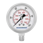 MEASUREMAN Pressure Gauge, 0-1000 PSI/kPa, Glycerin Filled, 1/4 NPT Lower Mount