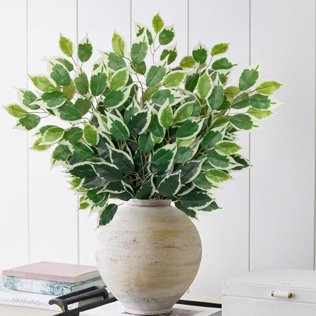 12PCS Ficus Leaves Artificial Branches 24" Faux Ficus Greenery Tree Branches Fake Ficus Leaves Sprays for Tree DIY Arch Wedding Wall Decor - Green & White
