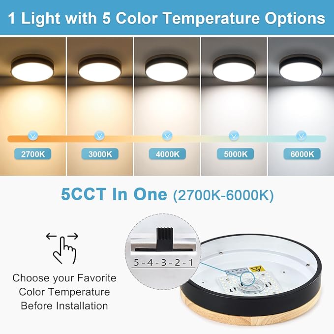 Dimmable Wood LED Ceiling Light, 5CCT 2700K-6000K Modern Black Flush Mount Ceiling Light, Minimalist Round Close to Ceiling Light Fixture for Bedroom, Kitchen, Laundry Room, Hallway, 11.81in