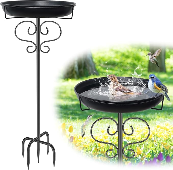 40In Bird Baths for Outdoors, Metal Birdbath Birdfeeder with Heavy Duty 5 Prong Stake, Vintage Detachable Bird Bath Water Feeder Bowl for Garden Yard Lawn Decor Black