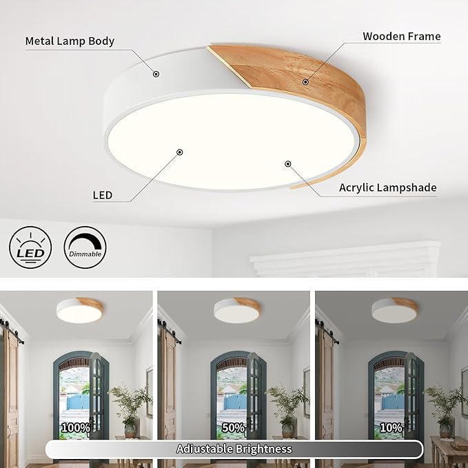 Modern Dimmable White Flush Mount Ceiling Light Wood Close to Ceiling Lights for Bedroom Round LED Ceiling Lamp Lighting Fixture for Hallway Kitchen Laundry Room(11.8in)
