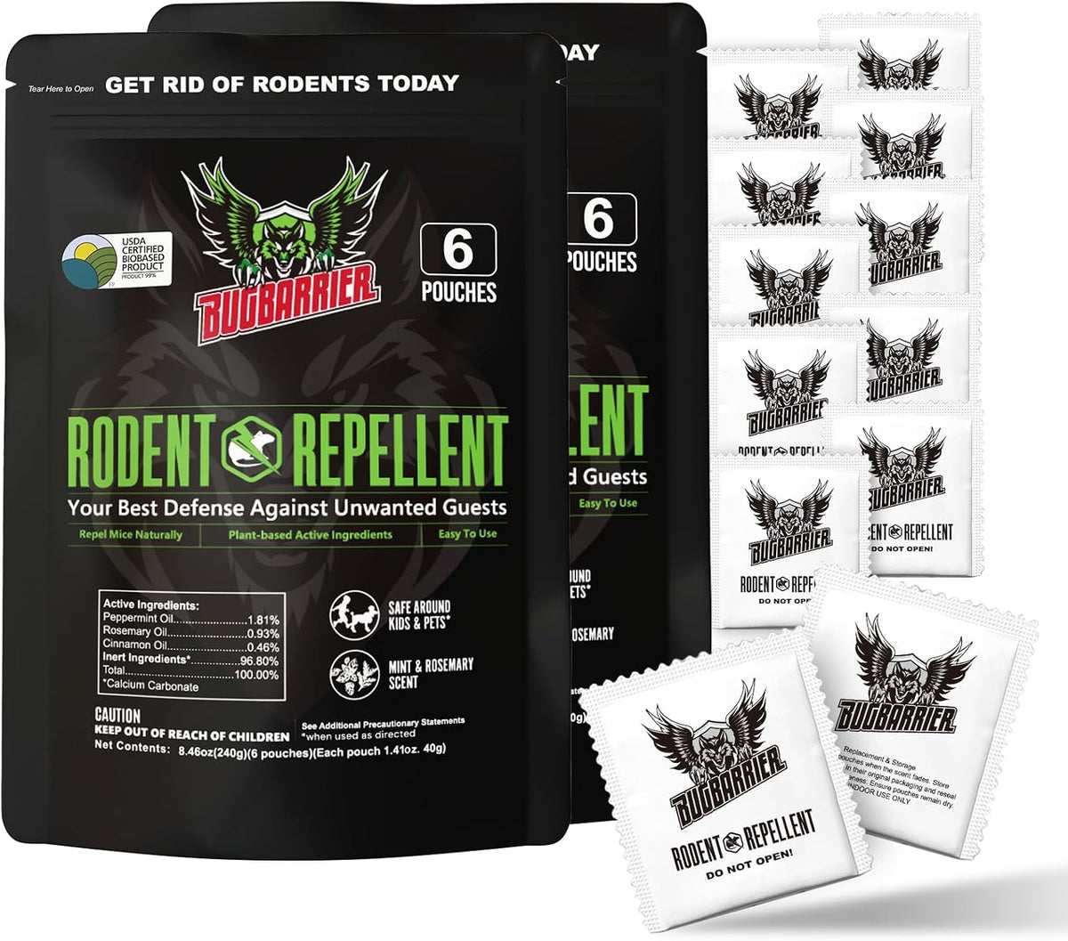 BugBarrier's Extra-Strength Mouse Repellent Deterrent Pouches, USDA 99% Biobased, Peppermint & Rosemary Oils Repel Mice Nesting in Car, RV, Boat, Garage, Shed, Cabin Made in The USA (Pack of 12)