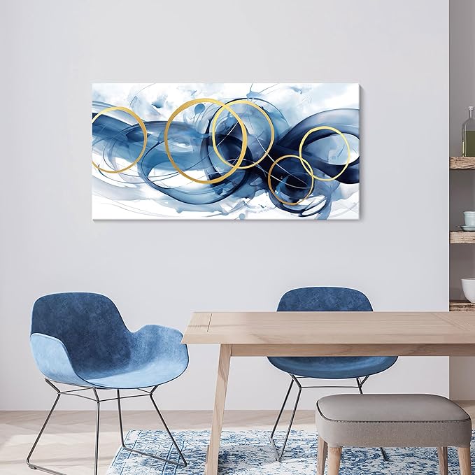 HKDGOKA Wall Art Living Room - Large Abstract Gold Blue Gradient Paintings Wall Canvas Artwork Modern Office Bedroom Pictures for Kitchen Bathroom Wall Decor 20x40 In