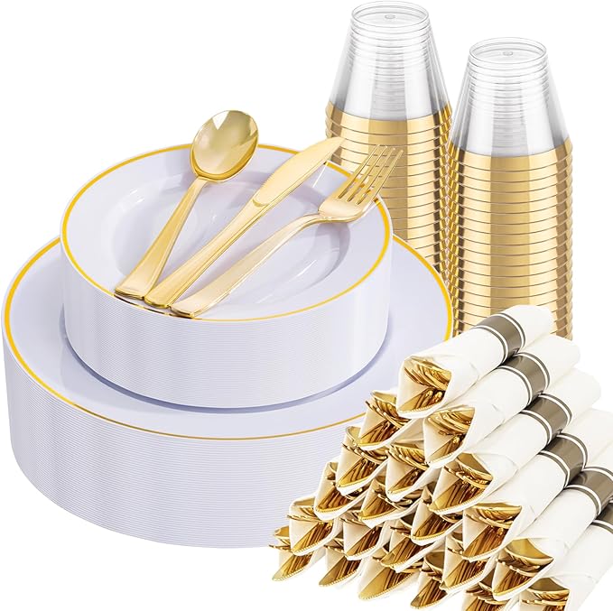 SUT 175 Pcs White and Gold Plastic Plates, Plastic Dinnerware Set for 25 Guests, Disposable Plates and Napkins Party Supplies, Gold Silverware, Plates, Cups and Napkins Sets for Party, Weddings