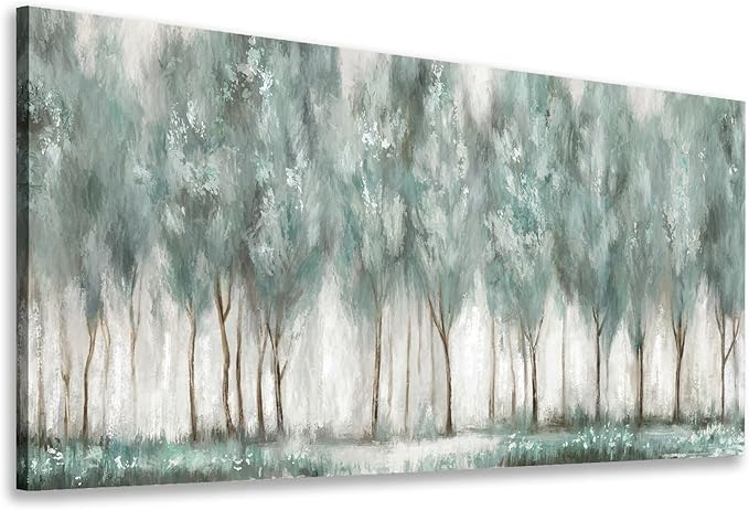 NINEASO Abstract Forest Canvas Wall Art - Grey Teal Foggy Trees Pictures Abstract Misty Woods Wall Decor Modern Botanical Painting Print Artwork for Living Room Bedroom Home Office Decor 29" x 58"