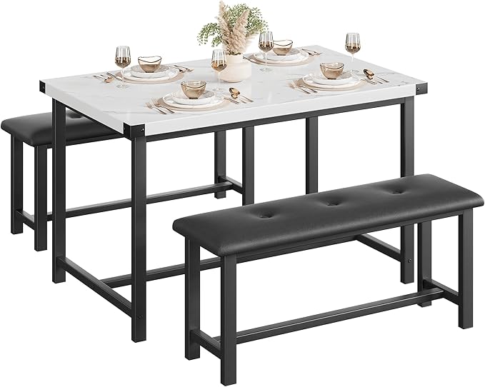 Dining Table Set for 4, Dining Room Table Set with 2 Upholstered Benches, Small Kitchen Table Set, 3 Piece Farmhouse Rectangular Dining Room Table Set, Space Saving Dining Table for Apartment
