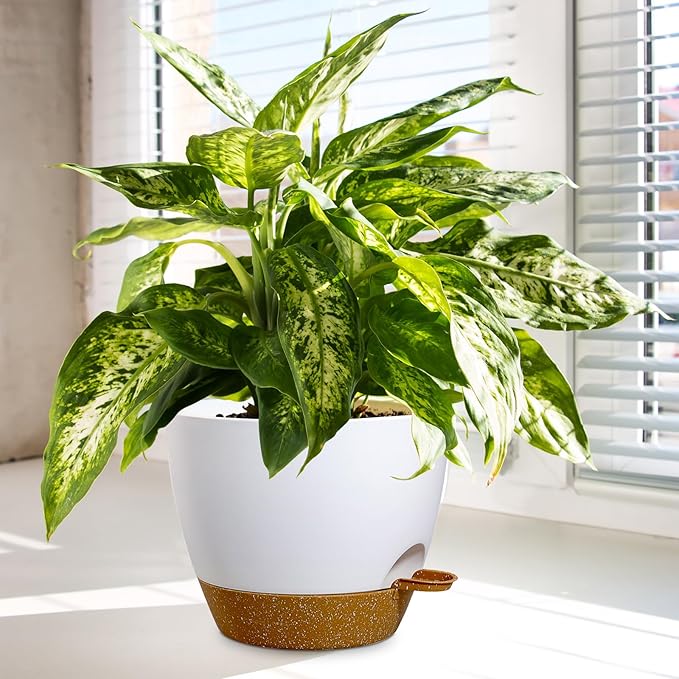 10/9/8 inch Medium Self Watering Pots, Planter, Plant Pots with Mesh Drainage Holes for Indoor Outdoor Garden Plants, Plastic Flower Pots with Removable Deep Reservoir, White with Brown