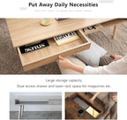EMOOR Wooden Small Coffee Table with Storage Rectangle Large (47.2"x19.7") Oak, Floor Sitting Low Table Small Space Minimalist Japanese Tatami Room