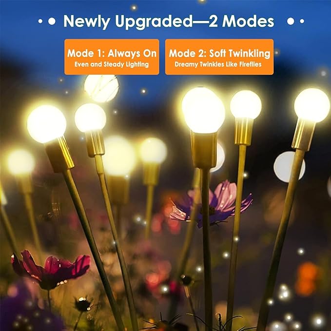 Solar Garden Lights, 8 Pack 64LED Solar Firefly Lights, Waterproof Garden Light Outdoor with 2 Lighting Modes, Swaying Light for Outside Yard, Walkway, Patio, Lawn, Flower Bed Decoration (Warm White)