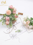Meldel 3Pcs Peony Bouquet Light Pink Champagne Rose Artificial Flowers Eucalyptus Plants Silk Flower Arrangements Wedding Bouquets Decorations Plastic Floral Centerpieces for Home Kitchen Party Decor