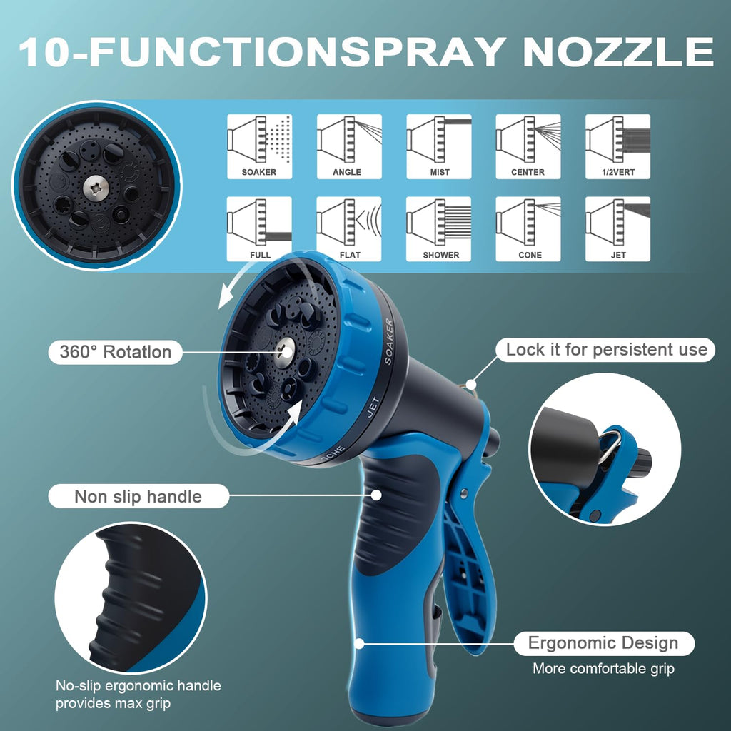 Garden Hose 50ft, Non-Expanding Water Hose Ultra Lightweight, Kink-Free Flexible Hose with 10-Pattern Nozzle, Durable & Abrasion Resistant Outdoor Hose for Yard, Lawn, Marine, RV, and Car Wash (50 FT)