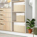 Large 17" 42 Quarts Collapsible Stackable Storage Bins with Lids [3-Pack] Foldable Fabric Linen Storage Boxes Cube, Closet Organizer Baskets with Label (16.7 x 12 x 12", Beige & White)