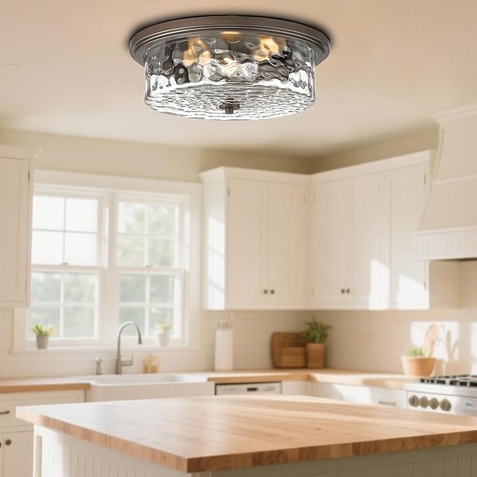 Large Industrial Flush Mount Ceiling Light, 16" 3-Light Modern Ceiling Light Fixture, Farmhouse Close to Ceiling Lighting,Hammered Glass Ceiling Light for Bedroom, Living Room, Kitchen Island