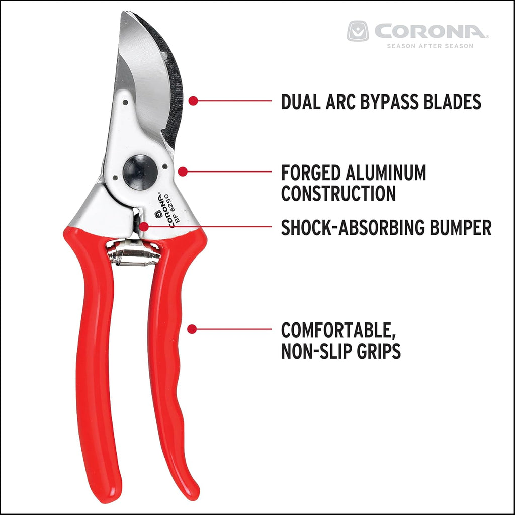 Corona BP 6250 Forged Steel Aluminum Handles Bypass Hand Pruner - 1 inch Cut Capacity Stem and Branch Garden Shears, Red
