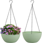 Meowell 8 inch Small Hanging Planters Plant Pots for Indoor Outdoor Plants, 2 Pack Hanging Flower Pots with Drainage Holes and Chain for Garden Porch, Plastic Hanging Baskets for House Plants, Green