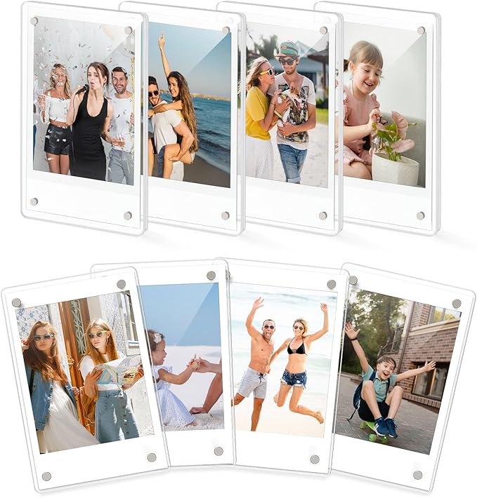 DomeStar Magnetic Acrylic Picture Frame 2.4 x 3.5 Inch, 8 Pack Double-Sided Holder for Refrigerator, Locker, or Metal Cabinet, Fits Instant Photo, Mini Film, Retro Camera, Notes & Pictures