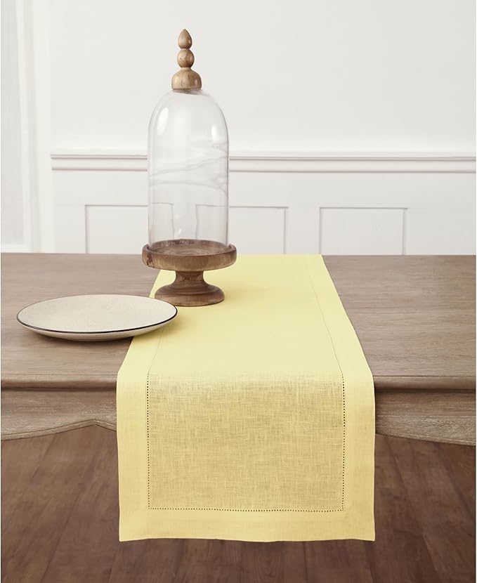 Solino Home Linen Yellow Table Runner 36 Inches - Classic Hemstitch, 100% Pure Linen Coffee Table Runner 14 x 36 Inch Ideal for Dresser Tables