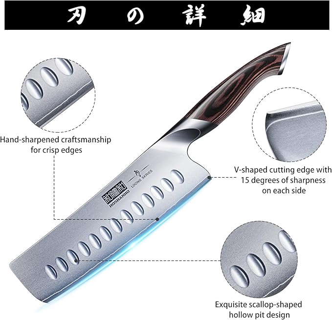 7 Inch Nakiri Knife, Japanese High Carbon Stainless Steel Chef Knife, Multipurpose Meat Vegetable Sharp Kitchen Knife with Ergonomic Pakkawood Handle