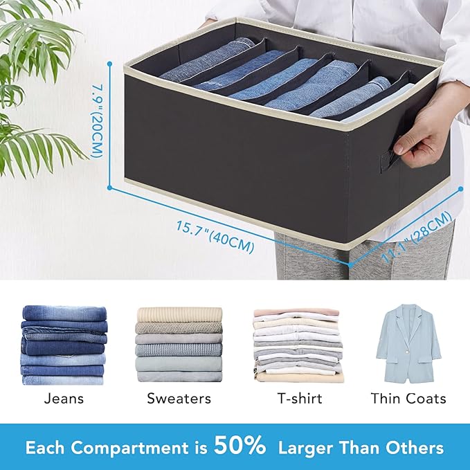 3 Pcs Large Size Wardrobe Clothes Organizers 6 Grids for Pants, Jeans, Sweater, T-shirt, Dress Stackable Closet Drawer Organizer Storage Bin Container with Sturdy Handles, Black