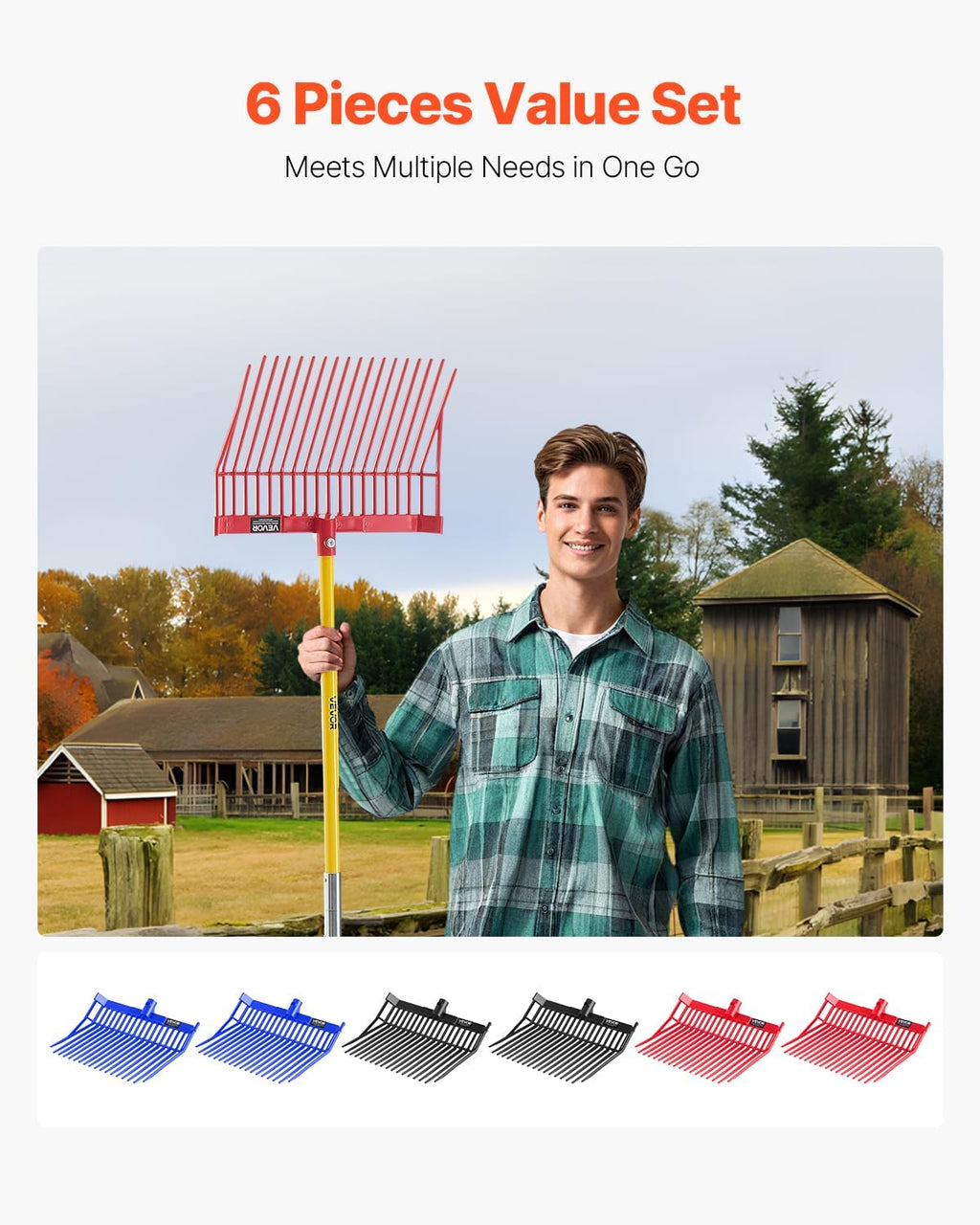 VEVOR Manure Fork Replacement Heads, 6-Pack – 18-Tine Angled Pitchfork Heads for Stable & Farm Cleanup