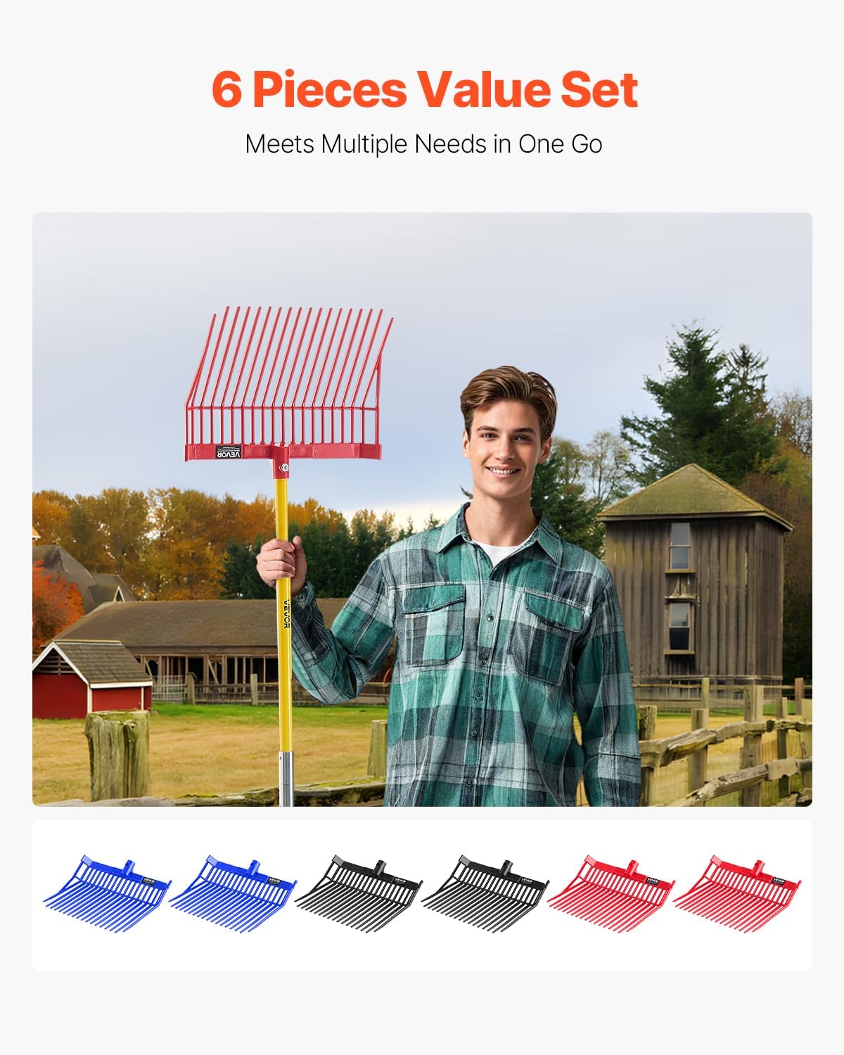 VEVOR Manure Fork Replacement Heads, 6-Pack – 18-Tine Angled Pitchfork Heads for Stable & Farm Cleanup
