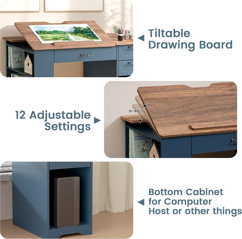 Drafting Table with Storage Cabinet & Drawers, Adjustable Drawing Table with Open Shelves, Craft Art Desk for Artists, Painters, Drawing, Crafting, Reading, Writing, Working (Blue)
