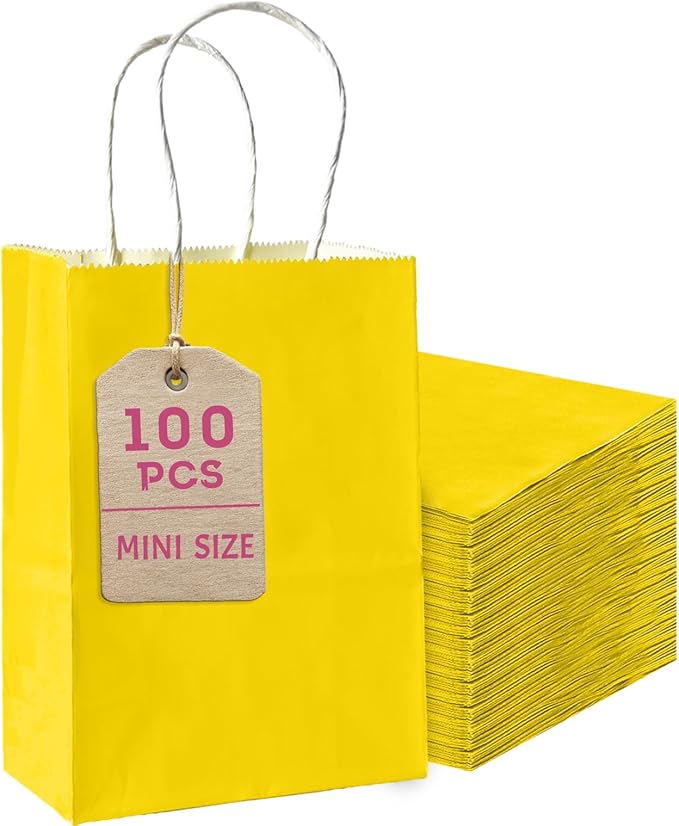 Bakepacker 100 Pcs Bright Yellow Mini Paper Gift Bags with Handles 6"x4.5"x2.5" Party Favor Bags Multiple Uses (Mini size)