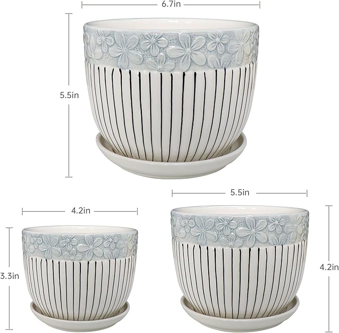 Ton Sin Grey Flower Pots,Texture Planter for Indoor Plants Set of 3 Ceramic Flower Pots with Saucer,Cute Garden Pots Succulent Pots（3 Pack,Grey