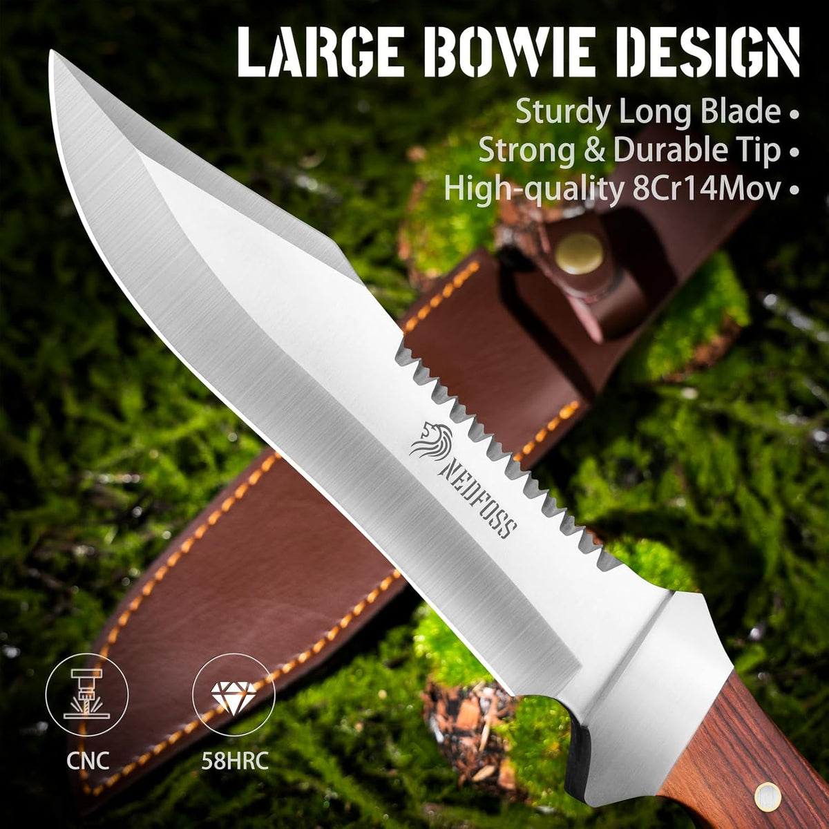 NedFoss 13" Survival Knife with Sheath, 7" Large Blade Camping Knives with Rosewood Handle, Full Tang Bowie Fixed Blade Hunting Knife, Outdoor Bushcraft Gifts for Men Women