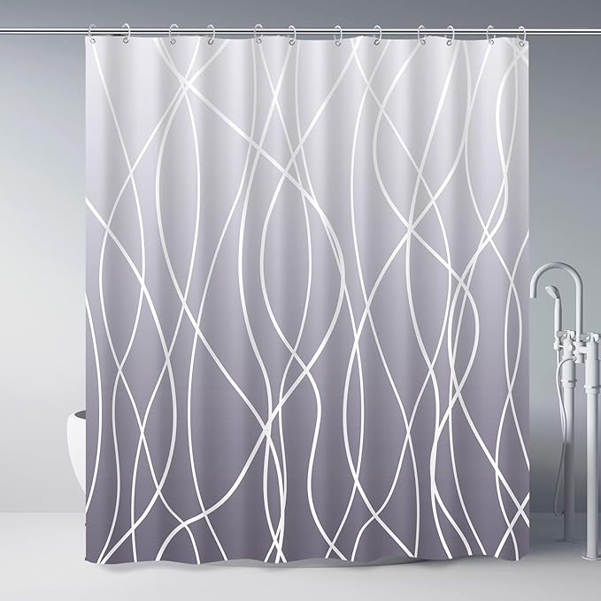 Punkray Ombre Purple Shower Curtain for Bathroom with Hooks, White Shower Curtain Set, Stripe Bath Curtains Decorative Shower Curtains Water Repellent Washable, 72 x 72