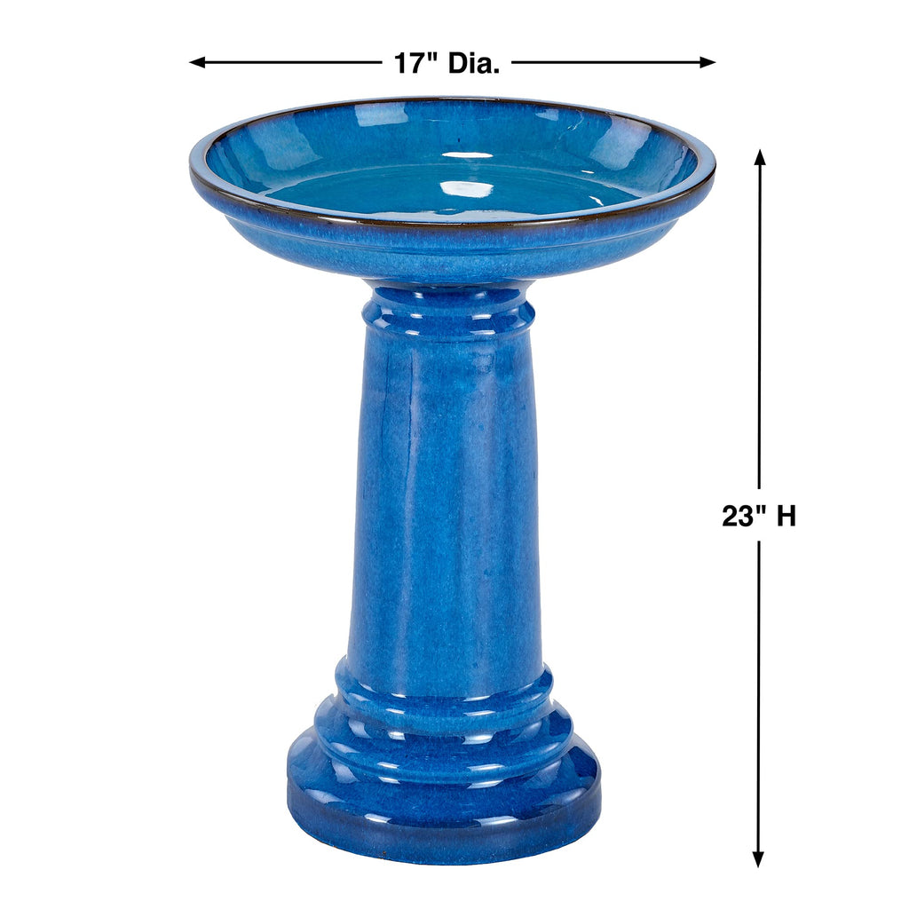 Smart Solar Aviatra Outdoor Ceramic Birdbath with Pedestal Stand and Glossy Finish, Elegant Traditional Birdbath for Garden, Blue