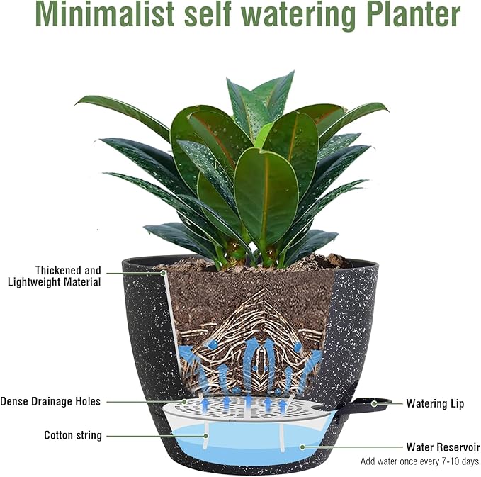 12 inch Large Self Watering Pots for Indoor Outdoor Plants, Flower Plant Pots with Mesh Drainage Holes for Garden House Plants, Plastic Planters with Reservoir for Home Decor, Speckled Black