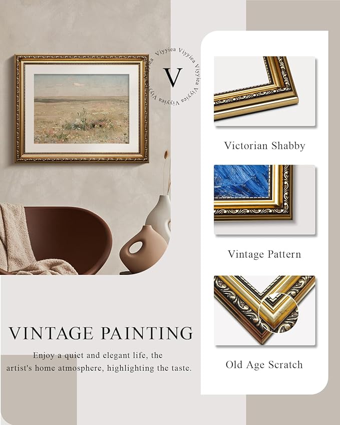 VIYYIEA Gold Framed Wall Art Canvas Print - Vintage Meadow Landscape Oil Painting - Farmhouse Wall Decor - Flower Art - French Decor for Living Room & Cozy Bedroom - 13x16in