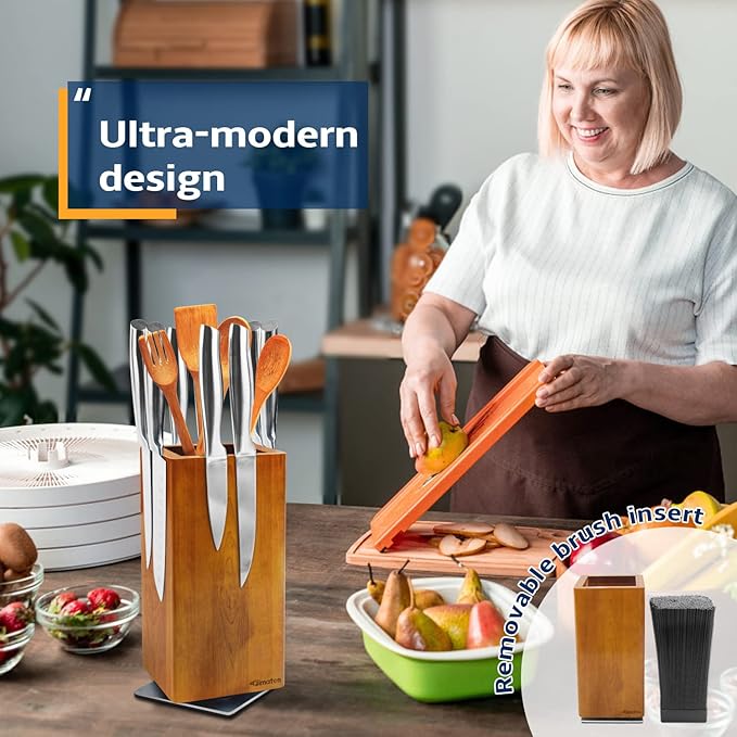 universal magnetic knife block without knives-360° rotatable magnetic knife holder made of fine acacia wood, Extra large magnet knife storage for knives and utensils for a quality kitchen life