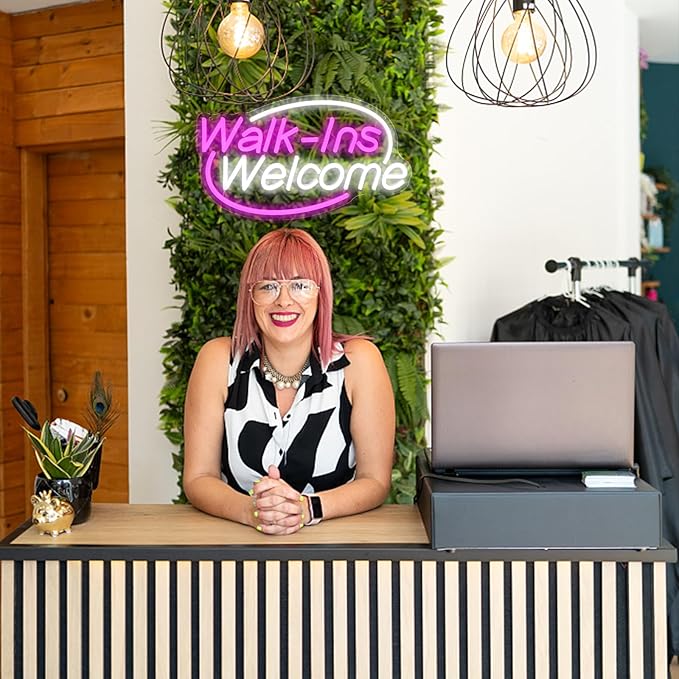 Walk-Ins Welcome Neon Sign, Neon Sign For Wall Decor, Pink + White Led Signs Usb Powered, Living Game Room Decor, For Bedroom Restaurant Bar Hotel Shop Party Birthday(16.5x9.4in)