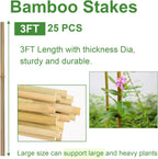 Bamboo Stakes 3FT, Garden Stakes 36 inch, Thicker Sturdy Nutural Plants Support Stakes 25 Pack for Tomatoes, Beans, Flowers, Potted and More Climbing Plants