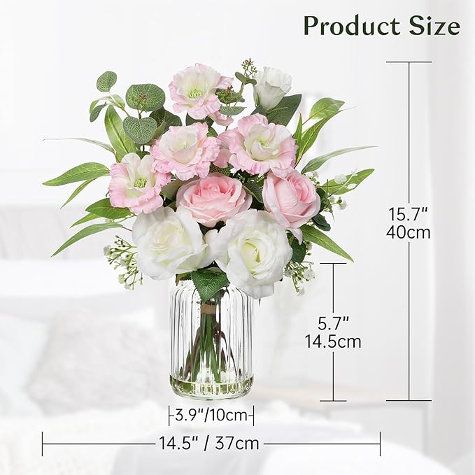 Hollyone Fake Flowers in Vase with Faux Water Artificial Silk Rose Flowers Arrangement with Eucalyptus Plants with Vase Faux Silk Rose Flowers Bouquets Table Centerpieces Office Bathroom Home Decor