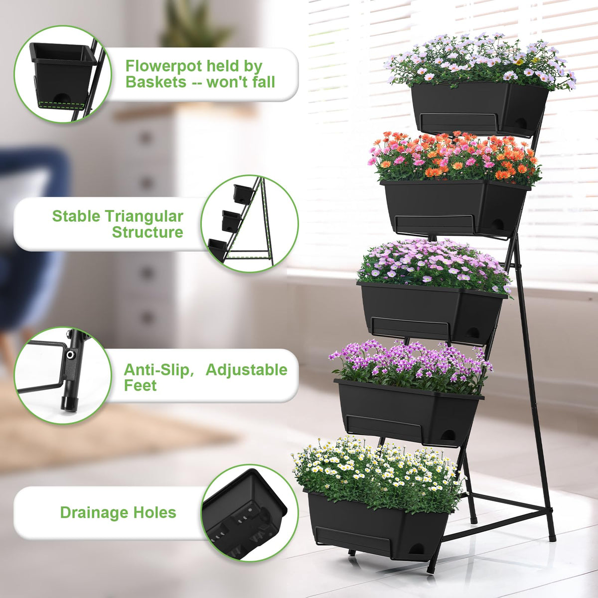 Fogein 5 Tier Vertical Raised Garden Bed Planter Box, Vertical Raised Bed with Drainage Holes for Indoor Outdoor Herbs Flowers Vegetables Plants, Black