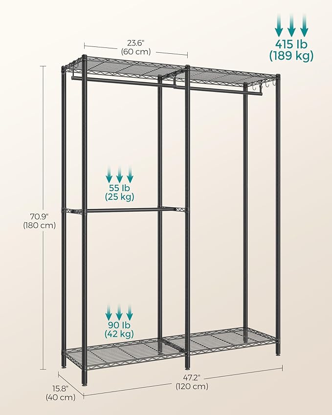 SONGMICS Clothes Rack, Freestanding Wardrobe Closet, Metal Clothing Racks, Heavy-Duty Garment Rack with Adjustable Shelves, Hanging Rods, Dividable, 15.8 x 47.2 x 70.9 Inches, Ink Black ULGR423B01