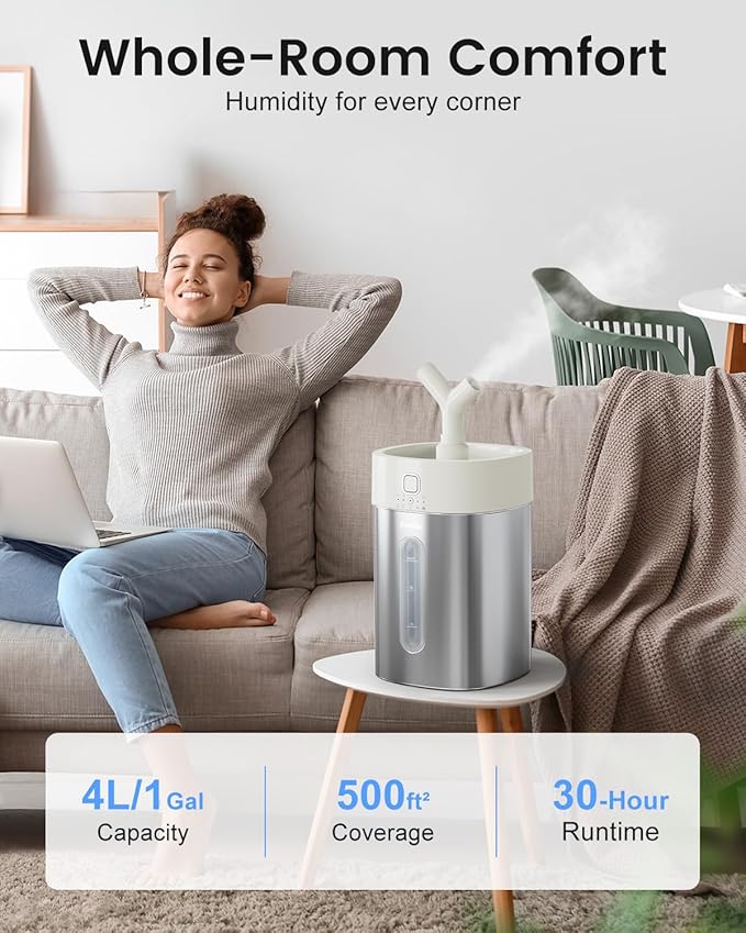 Feekaa Stainless Steel Humidifier, 4L/1Gal Cool Mist Humidifiers for Bedroom up to 500 sq ft, Easy Clean Dishwasher Safe Humidifier Large Room, Humidifiers for Bedroom Nursery Baby Living Room Office