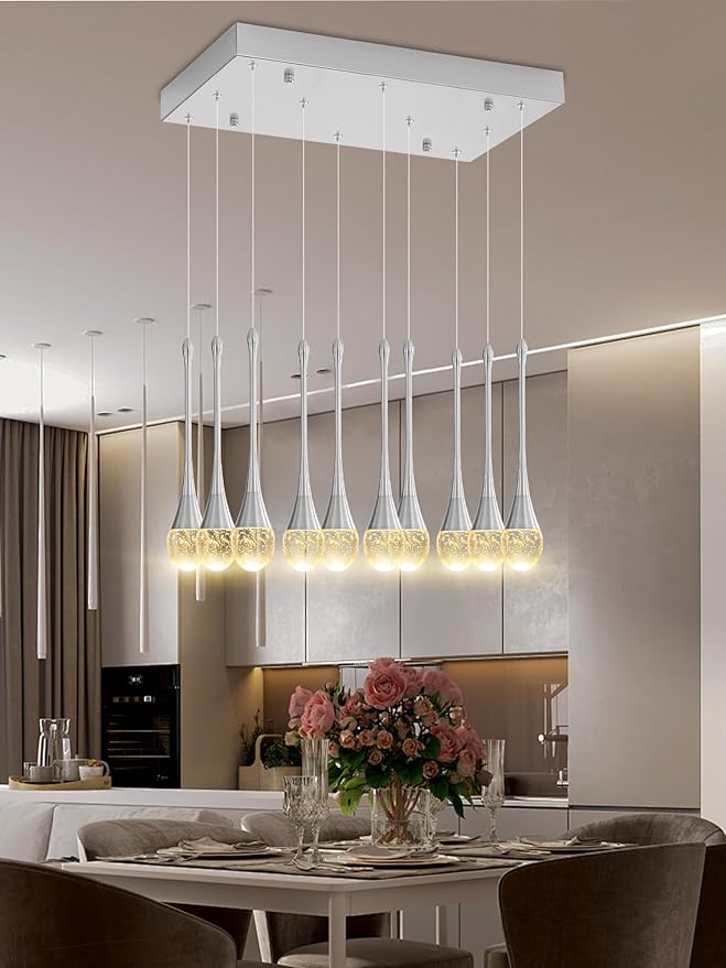 Rectangular Chandeliers for Living Room Silver Dining Room Lights Fixture Raindrop Pendant Lights Kitchen Island Crystal Chandelier for Staircase Hallway Foyer Entryway