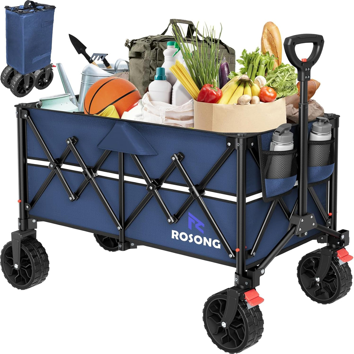 Collapsible Wagon Cart with Wheels Foldable - Folding Utility Heavy Duty Wagons Carts for Grocery Sports Garden Shopping Camping Wheelbarrows (Navy Blue, 150L)