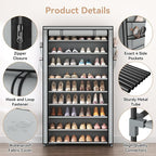 Shoe Rack with Covers 10 Tier Tall Shoe Rack Organizer Large Capacity Shoe Shelf Storage 40 Pairs Space Saving Free Standing Shoe Storage Organizer for Closet, Entryway, Dorm, Grey