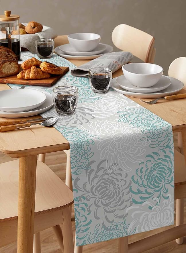 Auqa Chrysanthemum Cotton Linen Table Runner for Dining Kitchen, Wedding Outdoor Party Tablerunners Decoration, Farmhouse Floral Botanical Leaves Dresser Scarf Coffee Tablecloth Runners 13x60 Inches