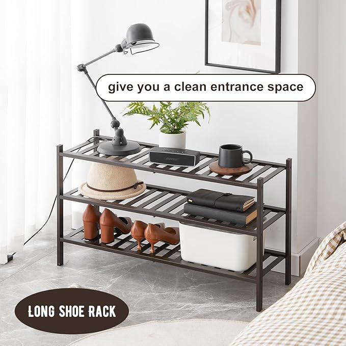 Long Shoe Rack, 3-Tier Bamboo Stackable Shoe Shelf Storage Organizer, Shoe Stand for Closet, Entryway and Hallway