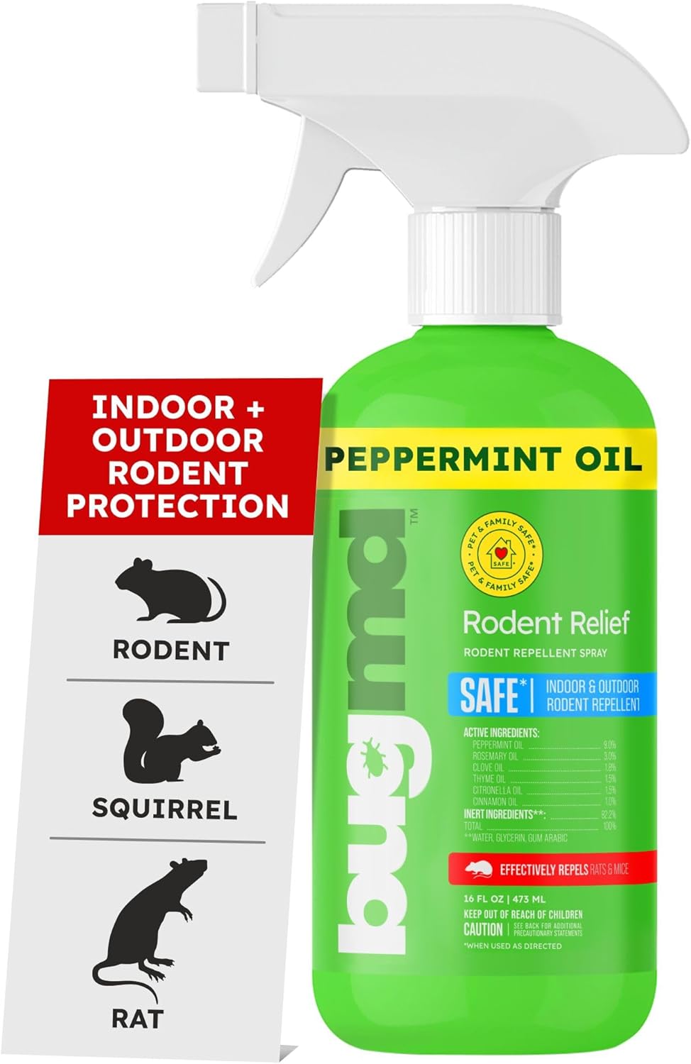 BugMD Peppermint Oil Spray for Rodents - 16oz Mouse Repellent & Rodent Repellent Spray, Natural Mice Repellent with Cinnamon, Clove, and Rosemary Oils - Safe Indoor & Outdoor Use