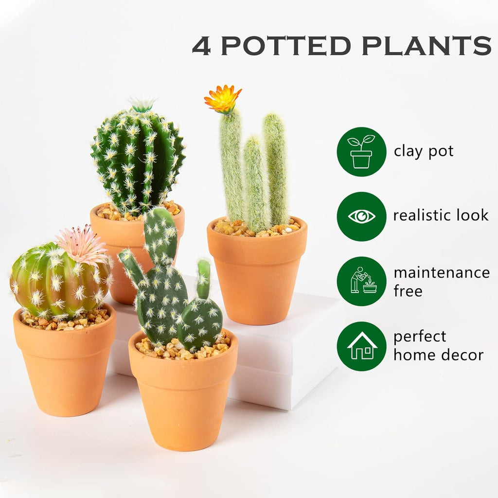 Oairse Mini Artificial Cactus Plants in Terracotta Pots 4 Pcs Potted Faux Succulents in Pots Fake Potted Plants Cactus Decor Small Artificial Plants for Home Decor Indoor Office Desk Tabletop Shelf